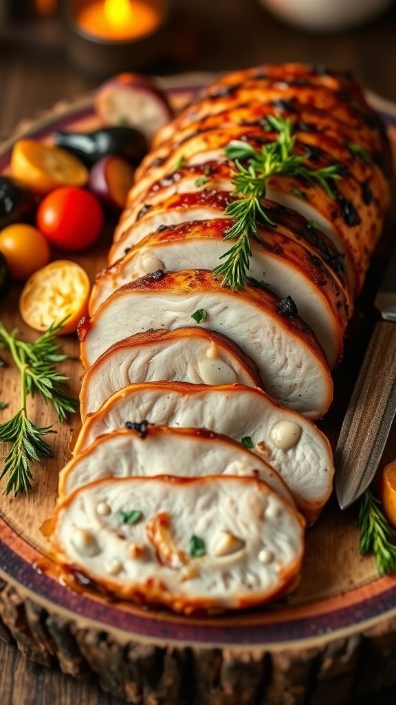 Sliced herb-crusted pork tenderloin on a wooden board with roasted vegetables.
